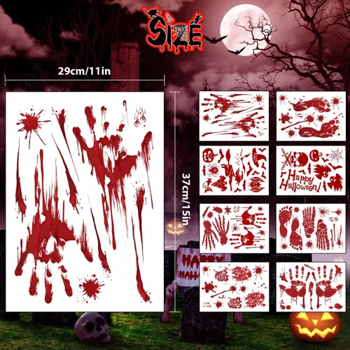 Vista 3 de Decoraciones de Halloween, 8 hojas/95 piezas de huellas de manos sangrientas, calcomanías de pared para el suelo, huellas de terror para el hogar