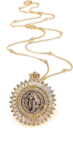 Vista 2 de LESLIE BOULES Medalla de San Benito 18K chapado en oro delicado collar de 18 pulgadas de longitud, Cristal