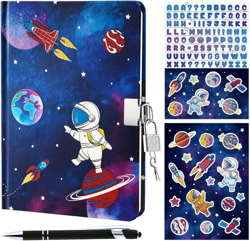 Vista 10 de WERNNSAI Diario Luminoso de Dinosaurio para Niños, Diario Secreto con Llaves de Cerradura, Cuaderno con Bolígrafo y Calcomanías, Regalo