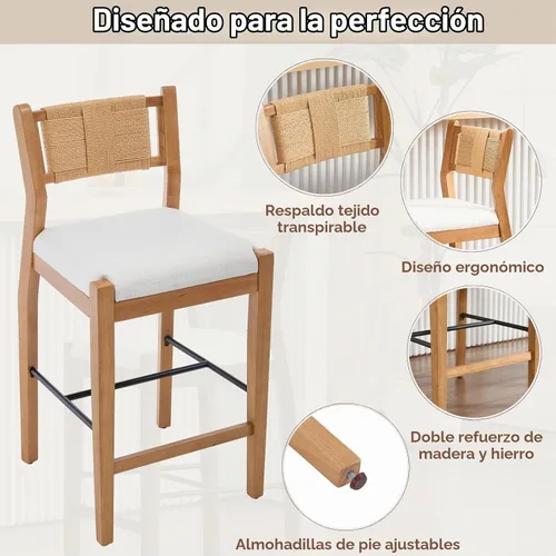 Vista 3 de CIMOTA Taburetes de bar de ratán de altura de mostrador, juego de 2, taburetes de bar de 26" estilo granja con respaldos tejidos, sillas de bar