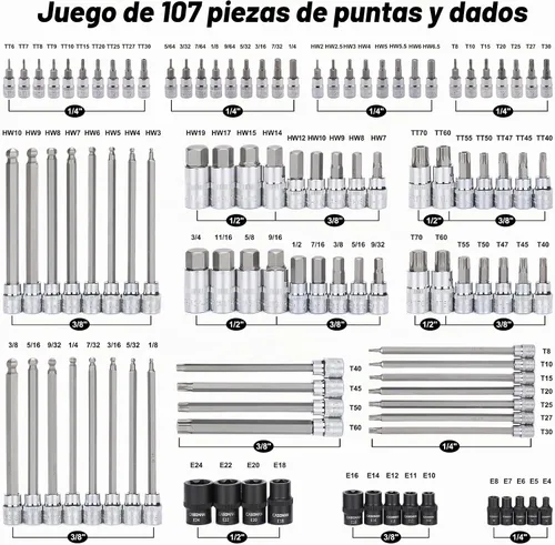 Vista 2 de CASOMAN Juego de llaves de vaso de 107 piezas, 1/4", 3/8" y 1/2", torx/hexagonal a prueba de manipulaciones Torx/hexagonal/extremo de bola
