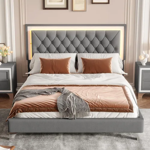 Vista 4 de Merax Cama de plataforma tapizada, tamaño Queen, tela de terciopelo LED, marco de cama de madera con luces LED y cabecera copetuda para dormitorio