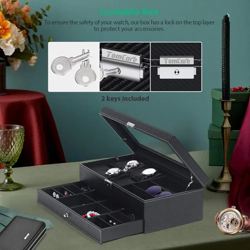 Vista 5 de TomCare Caja de reloj organizador de reloj con patrón de tejido joyero con cerradura con cajón soporte para gafas de sol aretes organizador de joyas