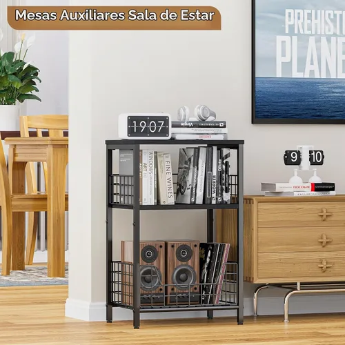 Vista 4 de X-cosrack Mesa Auxiliar, Mesa Pequeña de Extremo con Soporte para Tocadiscos y Almacenamiento, Soporte Nocturno para Discos de Vinilo para Sala