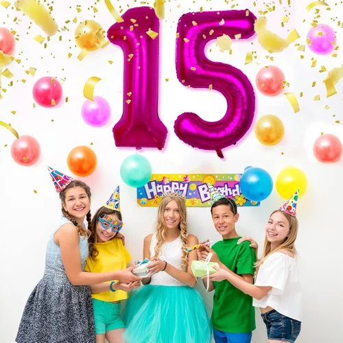 Vista 6 de Globo rosa intenso de 40 pulgadas con el número 15, decoraciones de globos de cumpleaños de 15 para niñas