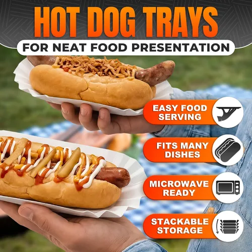 Vista 4 de 50 bandejas desechables para perros calientes para fiestas y barbacoas, bandejas de papel duraderas para perros calientes desechables para servir