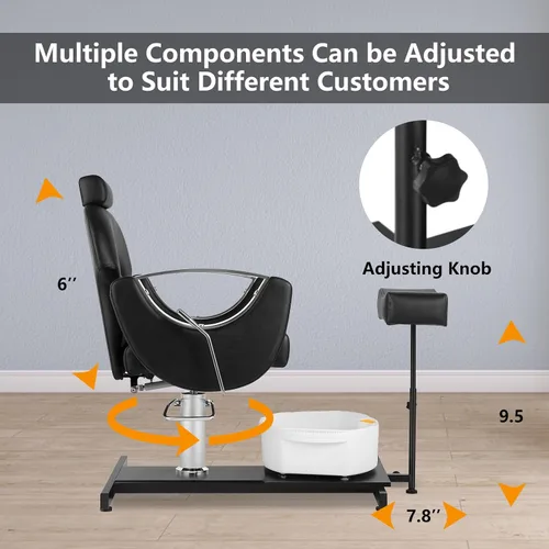 Vista 4 de Silla de pedicura giratoria de 360° con taburete y baño de pies de masaje, estación de pedicura hidráulica de altura ajustable sin plomería