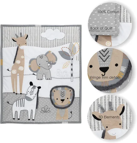 Vista 4 de Lambs & Ivy Jungle Safari - Juego de ropa de cama para cuna de bebé de 6 piezas, color gris/bronceado/blanco