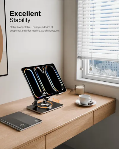 Vista 2 de Soporte para Tablet con Base Giratoria de 360° de Aluminio Ajustable de Doble Varilla para Todos los iPad de 5.8-12.9”, Samsung, Teléfono Tablet