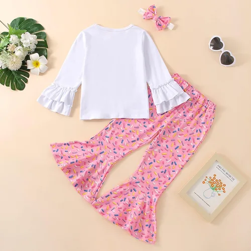 Vista 11 de Conjunto de ropa de cumpleaños para bebé niña pequeña, camiseta de manga larga, pantalones de campana, diadema