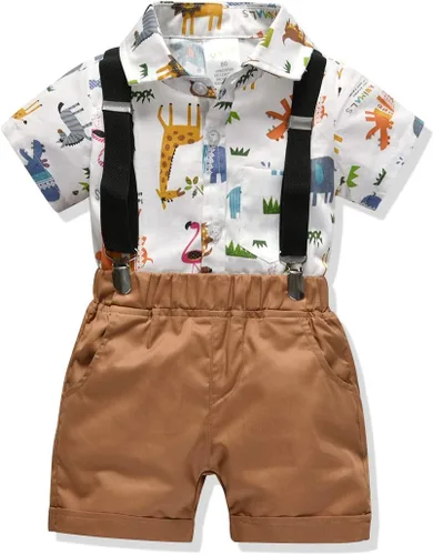 Vista 2 de Traje formal para bebés y niños, ropa de caballero, conjunto de traje de manga corta, camisa de mameluco, pantalones, pajarita, tirantes, 4 piezas