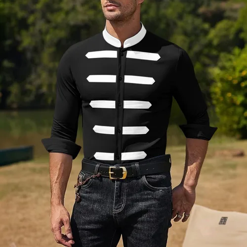 Vista 2 de Camisa de vestir para hombre, empalme elástico sin arrugas, manga larga, con botones, para playa