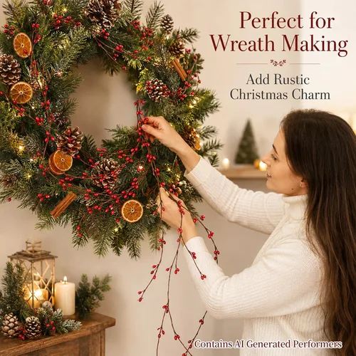 Vista 5 de RAINFLOW 40 FT Red Berry Garland - 2 Rolls Pip Berry Garland for Christmas
