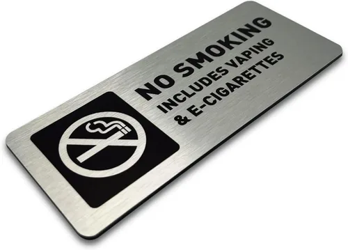 Vista 2 de Letrero de no fumar – Señales de no fumar no vapeo para negocios – Incluye tiras adhesivas para una fácil instalación – Cartel de metal cepillado