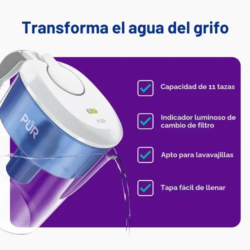 Vista 2 de PUR Jarra de agua de 11 tazas, 1 filtro PUR original, agua más limpia y de gran sabor, apta para lavavajillas, potente filtración, indicador
