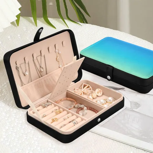 Vista 6 de Emelivor Joyero de viaje con degradado azul, de piel sintética, doble capa, organizador de joyas de viaje, caja de joyería portátil para aretes