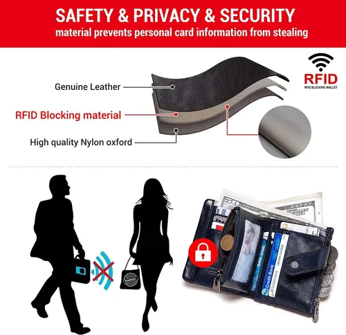 Vista 5 de HUMERPAUL Cartera de piel para mujer, con bloqueo RFID, pequeña, compacta, plegable, con bolsillo con cremallera, con ventana de identificación
