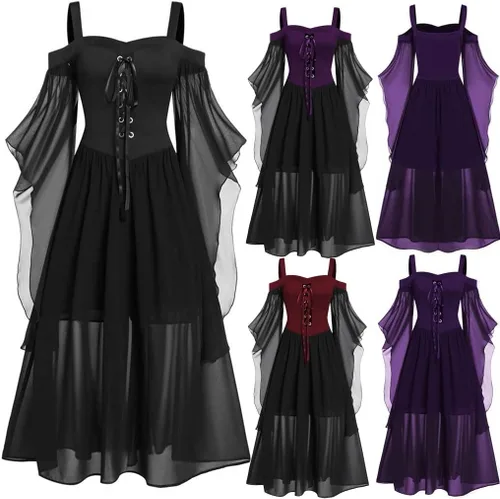 Vista 7 de Renaissance Dress Women Medieval Costume Halloween Gothic Punk Dress Off Shoulder Lace Trumpet Sleeve Fairy Dresses