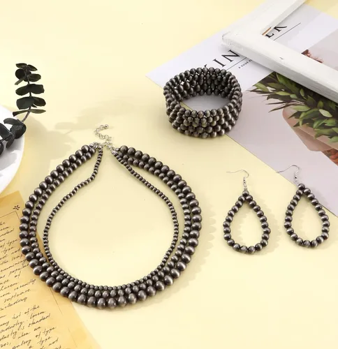 Vista 3 de MOZAKA Juego de joyas occidentales para mujer, incluye collar de perlas navajo, estilo vaquera, estilo occidental, aretes y pulseras de perlas