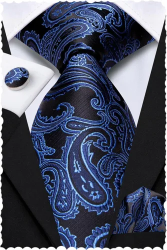 Vista 14 de Hi-Tie Conjunto de corbatas de seda con estampado paisley para hombre, pañuelo de bolsillo y gemelos, conjuntos de corbata formal para negocios a
