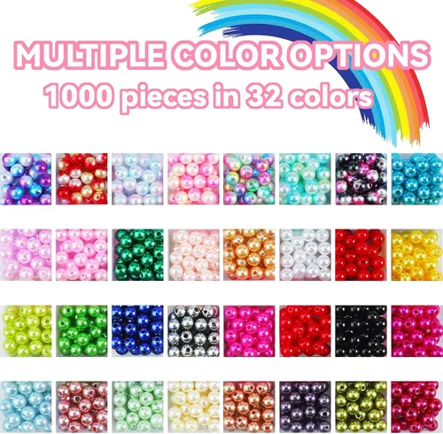Vista 9 de 1000 piezas de cuentas de perlas para hacer joyas - 32 cuentas de perlas redondas de 8 mm de colores para pulseras, collares, pendientes