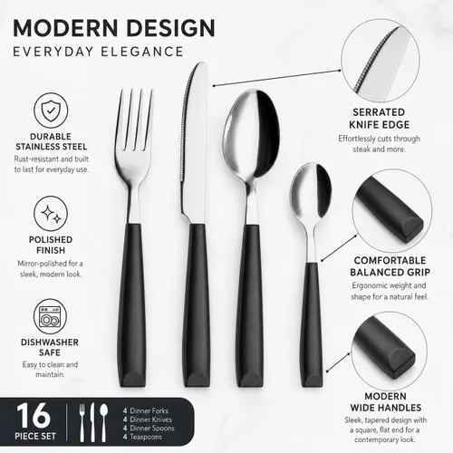Vista 4 de EXZACT 16 pcs Flatware Set Stainless Steel Wide Handles Serves 4 Black