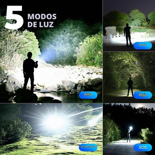 Vista 5 de Linterna LED recargable de alto lúmenes, 990,000 lm luz de flash súper brillante con 5 modos, potente Lintera para el hogar, campamento