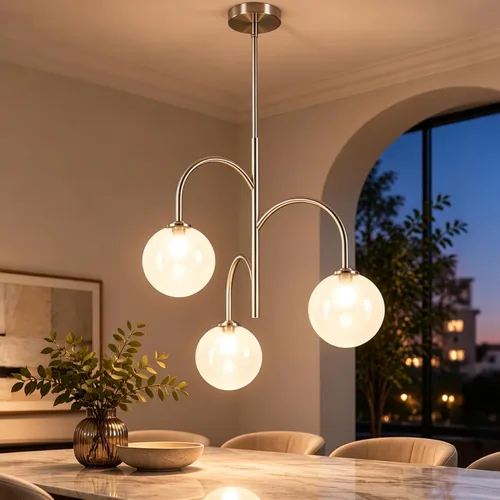 Vista 16 de Candelabro de globo de vidrio de leche de 3 luces, moderno de 1-oro+blanco