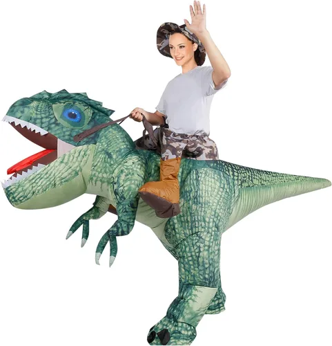 Vista 3 de Disfraz de dinosaurio para montar a caballo T Rex Air Blow up divertido vestido de fiesta de Halloween Navidad para adultos disfraz de cosplay