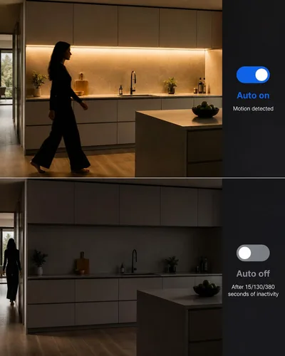 Vista 5 de LUXJET - Luz recargable con sensor de movimiento para armario, tira LED flexible de 1 m con 30 luces LED, sensor PIR y de luz, luz nocturna blanca