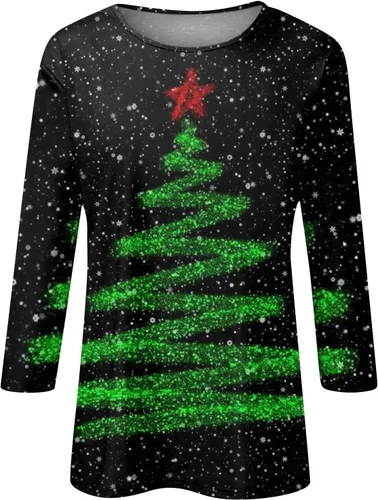 Vista 5 de Funny Christmas Shirts, Women's Fashion T-Shirt Round Neck Casual 34 Sleeve Tops Daily Casual Christmas Print Top