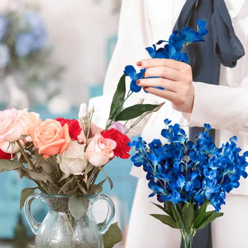 Vista 2 de Tallos de orquídeas artificiales de 26.7 pulgadas, 12 piezas de orquídeas de seda azul turquesa para boda, ramo de novia, corona, centro de mesa