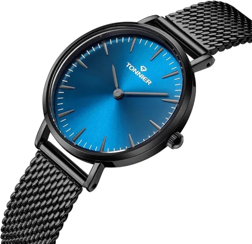 Vista 2 de Tonnier - Reloj de malla de acero inoxidable con correa de malla de cuarzo para mujer con bonita caja