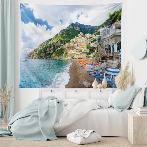 Vista 6 de Lunarable Tapiz de la costa de Amalfi, tumbonas y sombrillas en la playa, casas de pueblo antiguo Positano on Campania, Italia, decoración de tela
