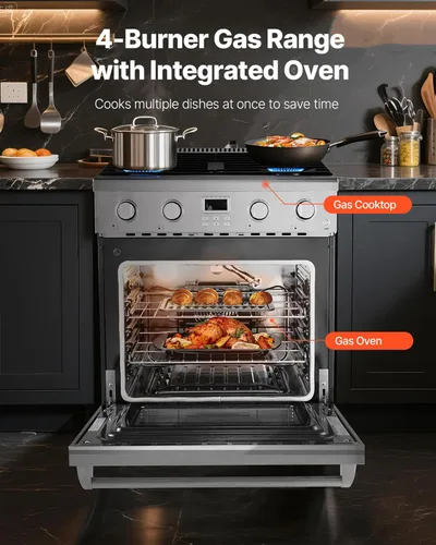 Vista 2 de VEVOR Horno de Cocina a Gas, 30 Pulgadas de Ancho, Estufa y Horno Independiente de Acero Inoxidable con 4 Quemadores Sellados en la Superficie