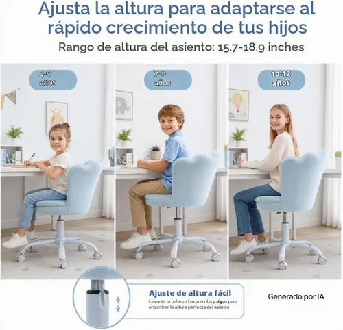 Vista 4 de Silla de escritorio para niños, silla de estudio ergonómica ajustable Silla giratoria tapizada de terciopelo para niños, silla de computadora Azul