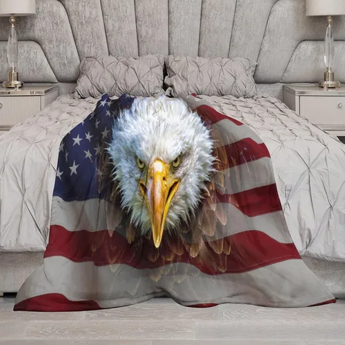 Vista 6 de Manta de bandera estadounidense con águila calva, decoración patriótica, forro polar esponjoso, grueso, tamaño grande, suave para sofá, silla, cama
