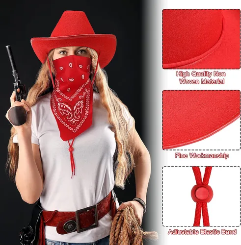 Vista 6 de 9 piezas de sombrero de vaquero para adultos con bandana de vaquero y lentes para disfraz occidental, accesorio de vestir para hombres y mujeres