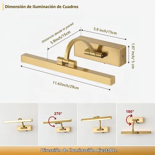 Vista 5 de DESOOP Luces de imagen para pared, funciona con pilas, iluminación artística de latón inalámbrica para pinturas, luces recargables de galería