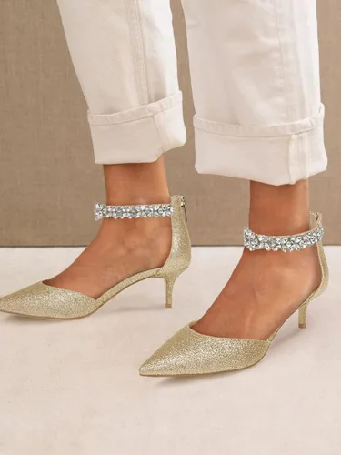 Vista 7 de Guayonng Zapatos de tacón bajo con diamantes de imitación de boda para mujer, zapatos de noche para novia nupcial