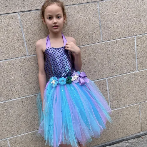 Vista 2 de Davsolly Mermaid Dress for Girls Mermaid Birthday Outfit with Mermaid Belt Flower Hair Clip for Halloween Birthday Party