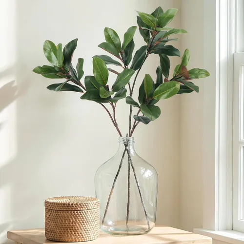 Vista 2 de 3 ramas de magnolia sintética de 32 pulgadas con 17 hojas de vegetación artificial, tallos largos, hojas de plátano falsas realistas, plantas