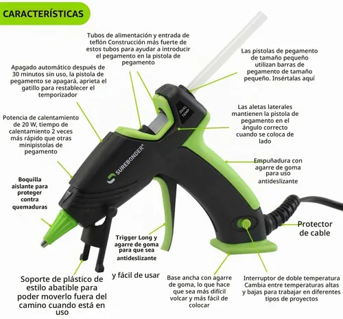 Vista 3 de Surebonder Mini pistola de pegamento caliente con doble temperatura y apagado automático, 20 vatios para calentamiento rápido y flujo de pegamento