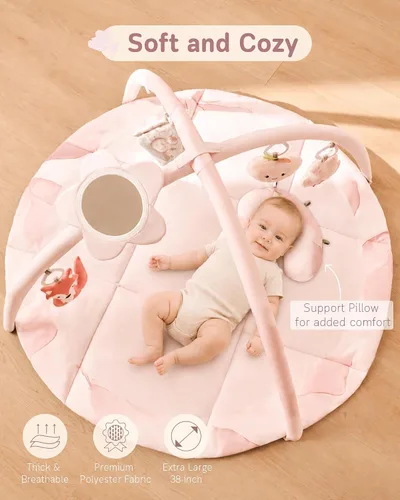 Vista 5 de Fortella Tapete de gimnasio y actividades para bebés, lavable a máquina y plegable, con 5 juguetes desmontables, certificado seguro para recién Rosa