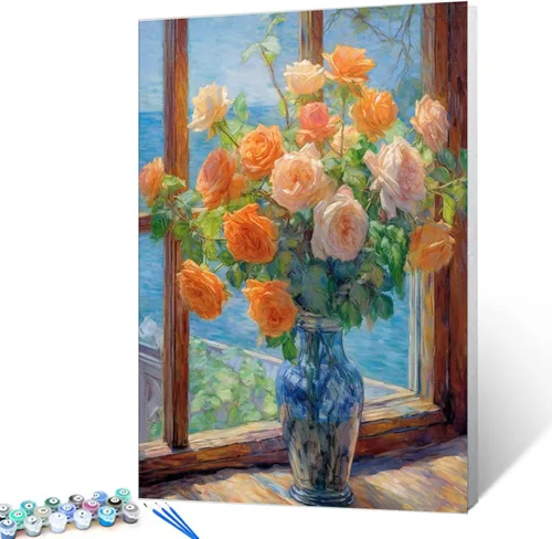 Vista 21 de Tucocoo Pintura de girasoles para ventana por números para adultos, kits de pintura al óleo digital sobre lienzo con pinceles y pigmento acrílico