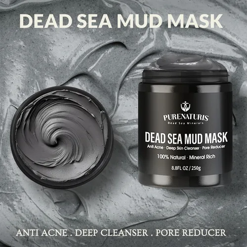 Vista 2 de PureNaturis Máscara orgánica de barro del Mar Muerto para cara y cuerpo, minimizador de poros de calidad de spa premium para acné, puntos negros