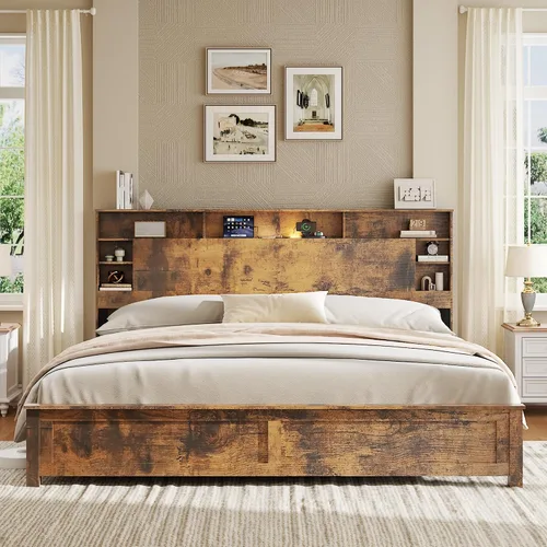 Vista 8 de Base de cama con cabecera de almacenamiento, plataforma de madera con estantes, carga USB y tipo C y luces LED, no necesita somier, sin ruido, fácil