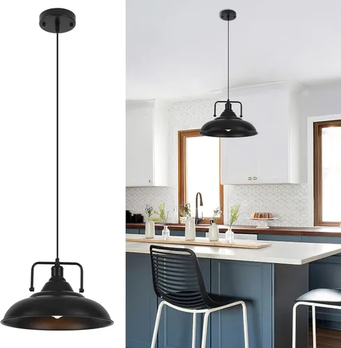 Vista 13 de Paquete de 1 lámpara colgante negra de 12.5 pulgadas, lámpara colgante de granja, iluminación colgante industrial, luces colgantes de cocina, luces