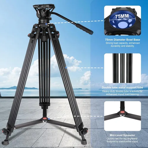 Vista 7 de COMAN - Trípode de video, trípode profesional resistente de 74 pulgadas con placa de liberación rápida y cabezal de fluido de 360°, soporte