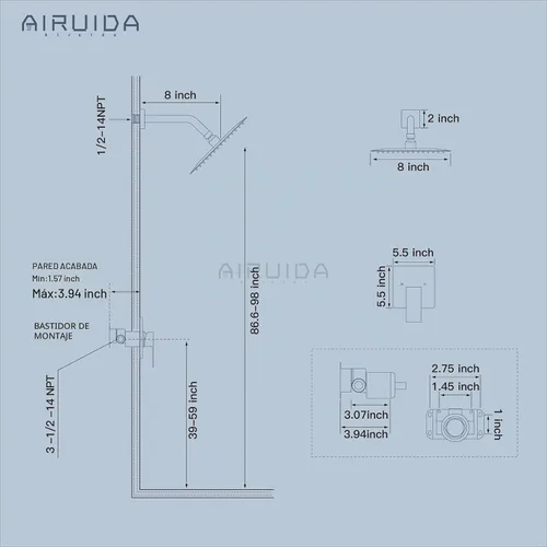 Vista 6 de Airuida Juego de grifo de ducha negro mate, kit de válvula de ducha de 8
